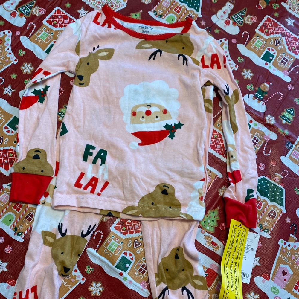 Carter's Christmas Pink Pajama Santa fa la snug fit 3T NWT